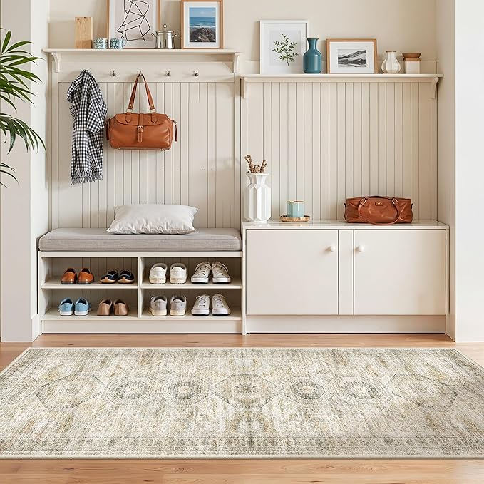 Washable Runner Rugs for Bedroom - 2x6 Runner Rug Non Slip, Ultra-Thin Entryway Runner, Soft Abstract Kitchen Runner for Hallway, Laundry, Bathroom, Indoor Door Mat(2'x6', Grey/Yellow)