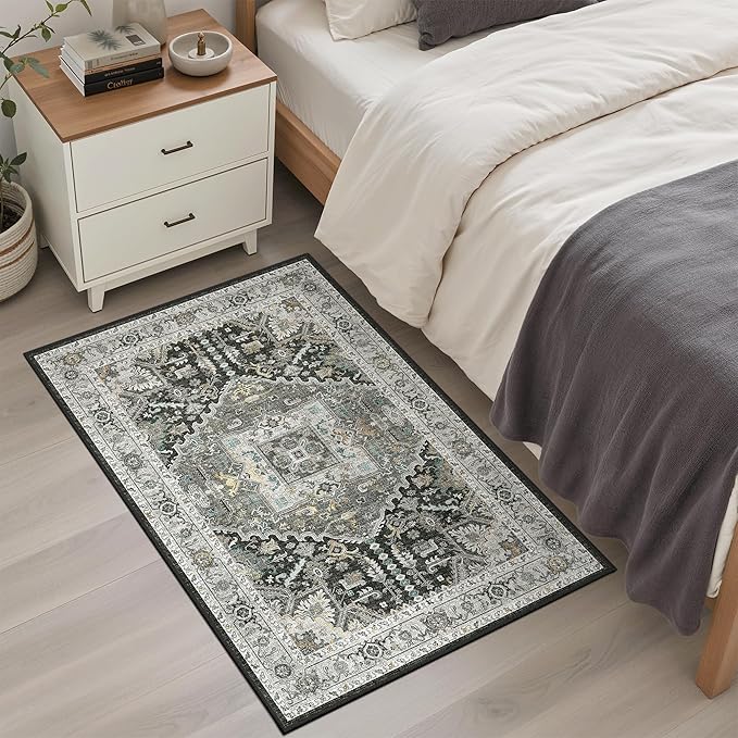 Madane Washable Area Rug 2x3, Small Entryway Rug Non-Slip Vintage Door Mat Indoor Entrance, Low Pile Floor Carpet for Inside Front Door Kitchen Entry (2'x3', Grey Green/Black Olive)