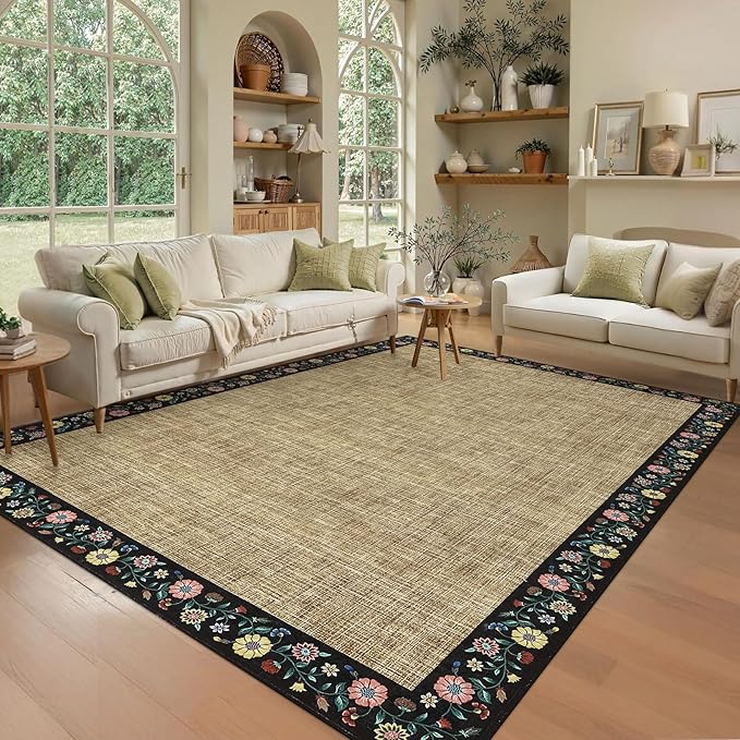 GarveeHome Washable Living Room Rug 9x12 Floral Bordered Area Rugs Soft Thin Indoor Carpet for Bedroom Modern Throw Aesthetic Mat Non Slip Stain Resistant Carpet for Dining Room Office, Yellow