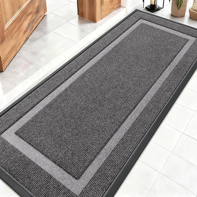 OLANLY Front Door Mat Indoor Outdoor Entrance, Waterproof All-Season, All-Weather Doormat, Sturdy Natural Rubber, Fade Resistant, Low Profile, Easy Clean Patio Porch Entryway Mat, 59x20, Dark Grey