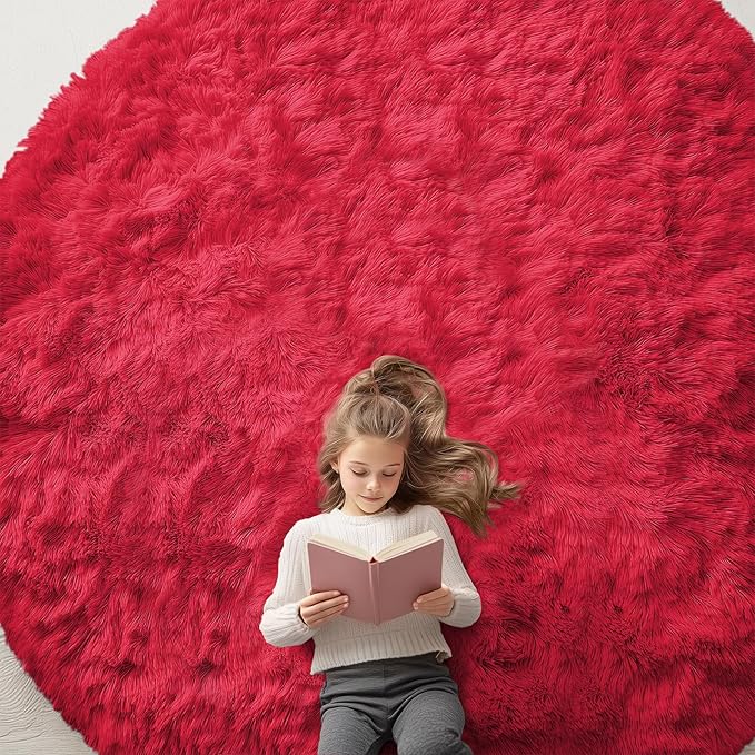 OLANLY Red Round Rugs for Bedroom - Machine Washable, 9 ft Circle Area Rugs for Living Room, Soft and Fluffy Shaggy Carpet for Teen Girls and Boys, Nursery Rooms, Dorms, Home Decor Aesthetic