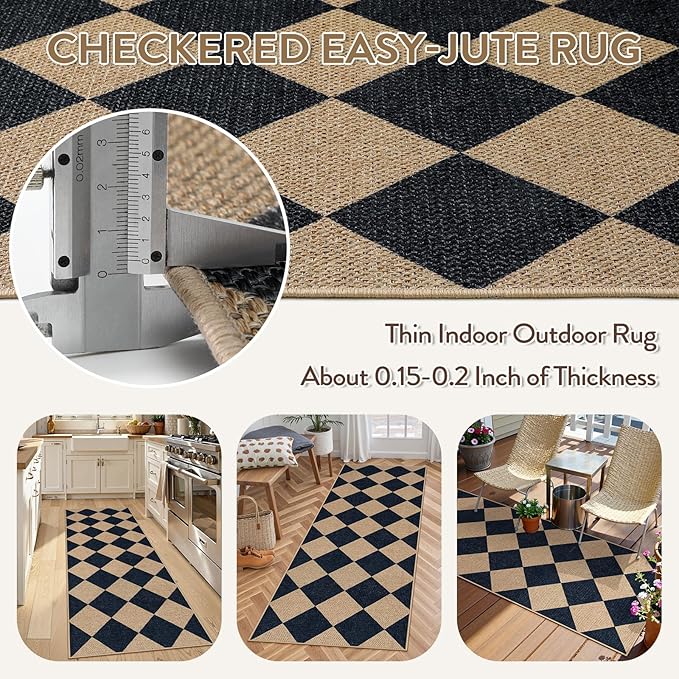 Lahome Colette Checkered Easy Jute Runner, 2x6 Kitchen Runner Rug Non Slip Washable Outdoor Rug for Entryway Indoor, Checkerboard Black Indoor Outdoor Carpet for Hallway 6ft Entry Front Door