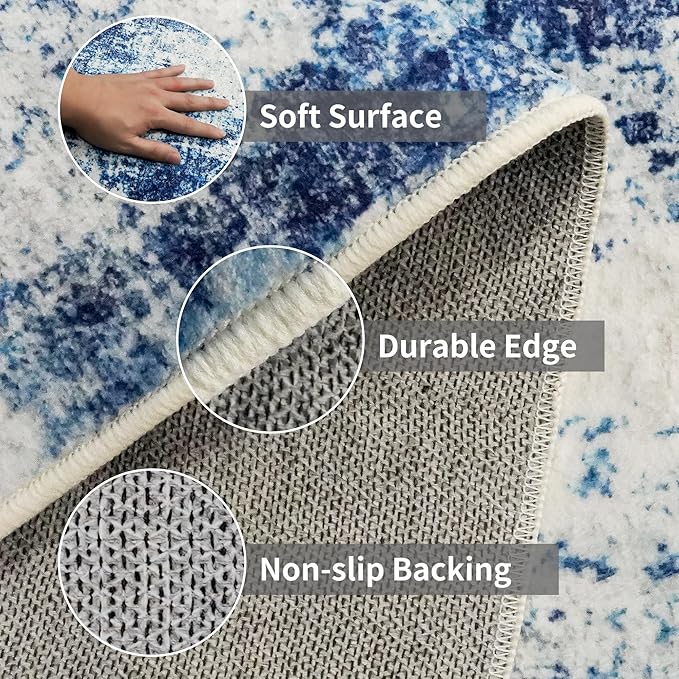 3x6 Washable Entryway Runner Rug: Non Slip Wide Hallway Runners Easy-to-Clean - Soft Living Room Bedroom Kitchen Carpet - Thin Low Pile Printed Floor Mat for Dining Room Blue