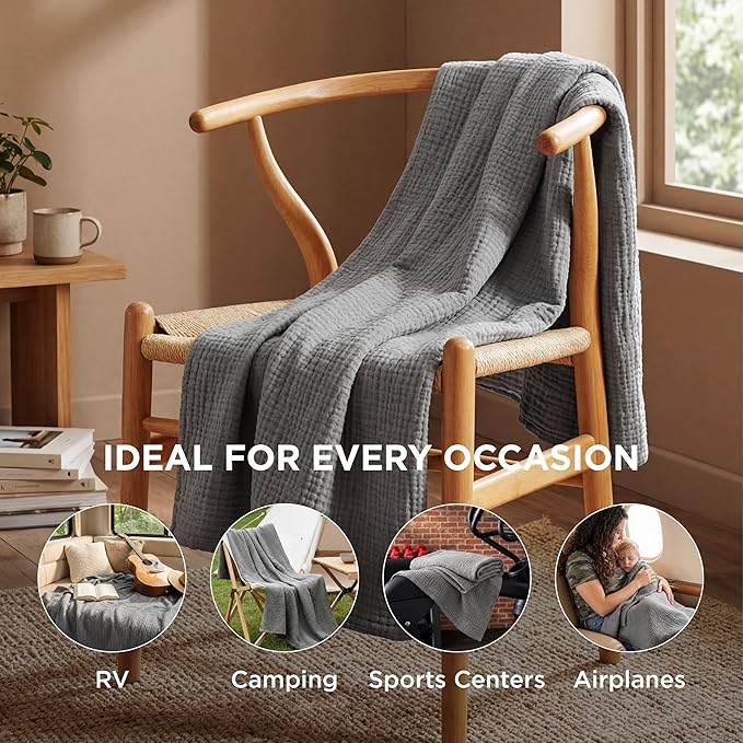 Bedsure 100% Cotton Muslin Throw Blanket Twin XL for Bed - 4-Layer Breathable and Lightweight Thin Soft Summer Gauze Muslin Blankets for Adults, Grey, 66x90 Inches