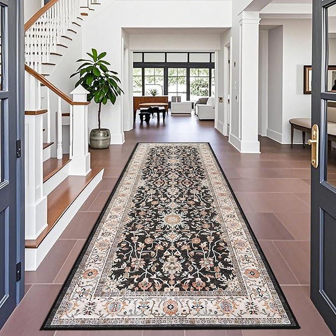 TOPRUUG Washable 4x10 Runner Rug: Vintage Non-Slip Hallway Runner Rug Stain Resistant Durable Kitchen Rug Soft Low Pile Thin Carpet for Living Room Bedroom Bathroom (Black, 4X10)