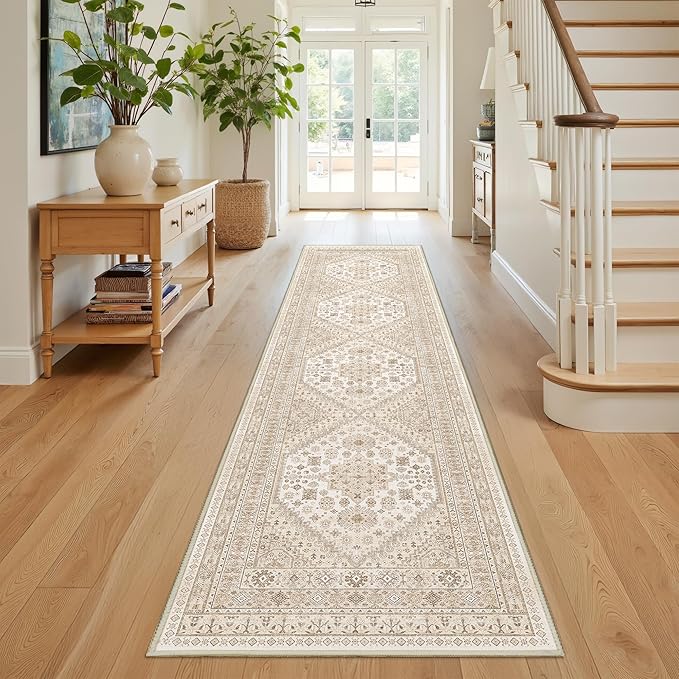 Runner Rug 2x8 Runners for Hallways Non Slip Washable, Vintage Hallway Runner Rugs for Living Room, Low Pile Soft Hallway Rug for Kitchen Bedroom Laundry Room(Cream/Beige,2'x8')