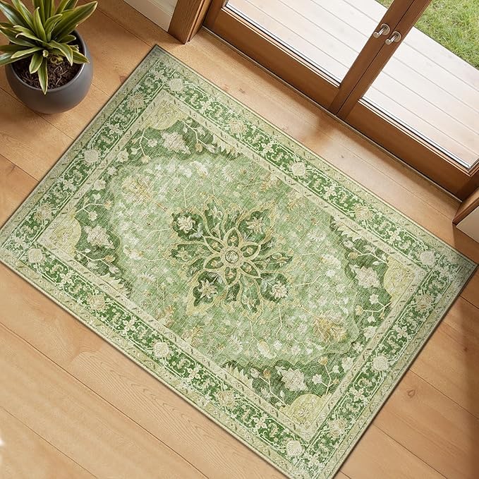 RELEANY Area Rugs 2'6''x4' Kitchen Rugs Entry Rug Small Rugs for Entryway Kitchen Bathroom Door Mat Indoor Entrance,Washable Non Slip, Sage Green Yellow