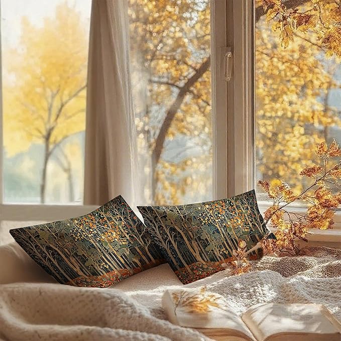 Rustic Autumn Forest Pillow Covers 20x12 Set of 2, Fall Home Room Decor, Vintage Botanical Nature William Morris Inspired Decorative Throw Pillow Covers for Home Bedroom Living Room