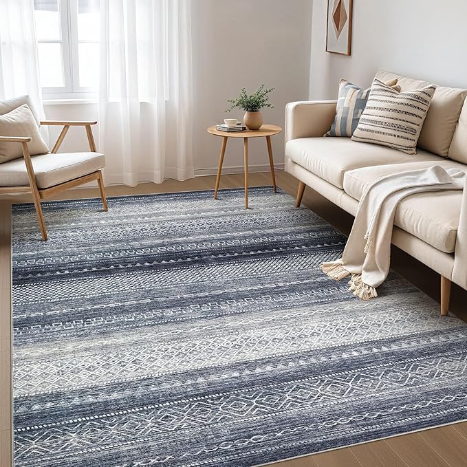 Nakagishi Area Rug Living Room Rugs: 4X6 Machine Washable Boho Large Neutral Farmhouse Stain Resistant Moroccan Indoor Floor Carpet for Bedroom Nursery Dorm Dining Room Home-Denim Blue
