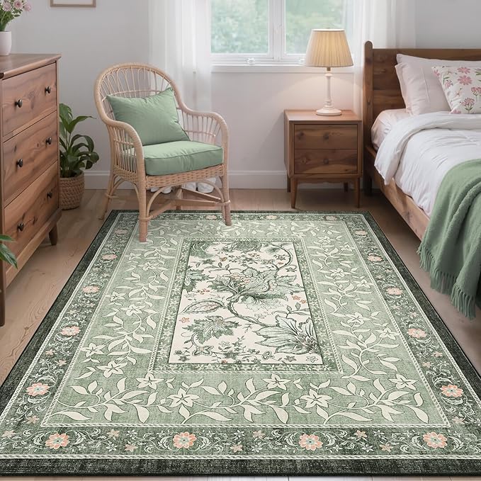 GarveeHome Provence Sage Green 3x5 Rug Washable Non-Slip Low-Pile Indoor Rugs for Entryway Botanical Grove Vintage Boho Cottage Throw Carpet for Kitchen Bedroom Living Room Bathroom Mat