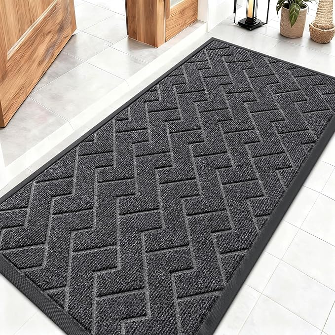 OLANLY Front Door Mat Indoor Outdoor Entrance, Waterproof All-Season, All-Weather Doormat, Sturdy Natural Rubber, Low Profile, Easy Clean Patio Porch Entryway Mat, Herringbone Brick (Grey, 47x23)