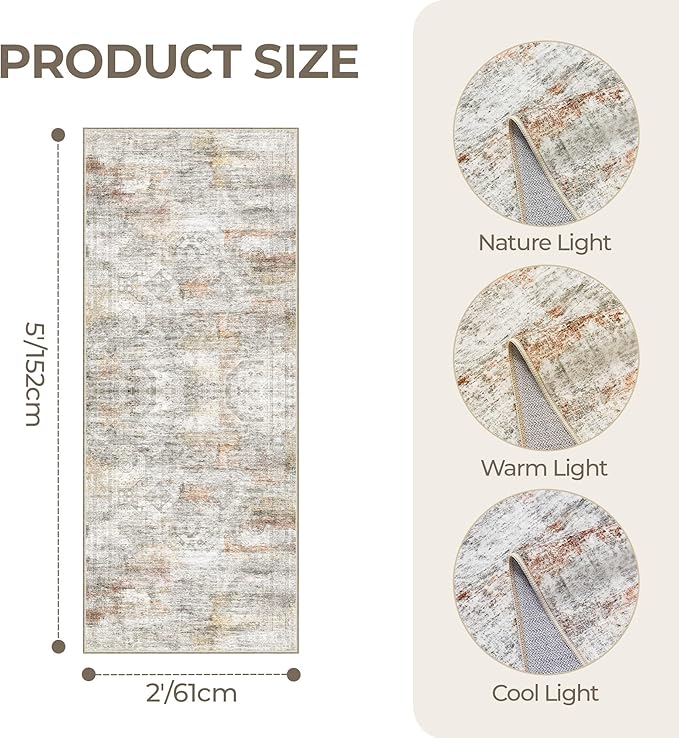 2x5 Rug Runner Washable for Entryway, Soft Bathroom Rugs with Non-Slip Backing, Abstract Low Pile Hallway Runner, Vintage Small Kitchen Carpet for Stair, Laundry Room(2'x5', Grey/Rust)