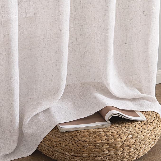 MIULEE White Linen Curtains 96 Inch Long for Bedroom Living Room, Soft Thick Linen Textured Window Drapes Semi Sheer Light Filtering Rod Pocket Back Tab Burlap Look Farmhouse Decor, 2 Panels
