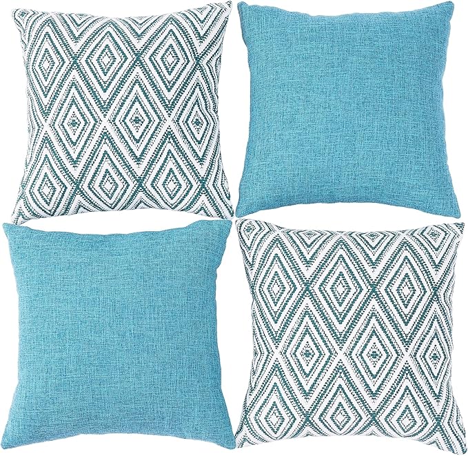 HPUK Decorative Throw Pillow Covers Set of 4 Geometric Design Linen Cushion Cover for Couch Sofa Living Room, 18"x18" inches, Aqua Blue