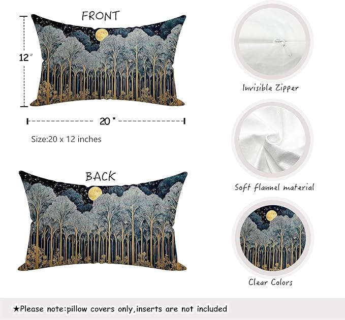 Rustic William Morris Inspired Forest Green Moon Decor Pillow Covers 12x20 Double-Sided,Vintage Night Moon Botanical Nature Landscape Decorative Throw Pillow Covers for Home Bedroom Living Room