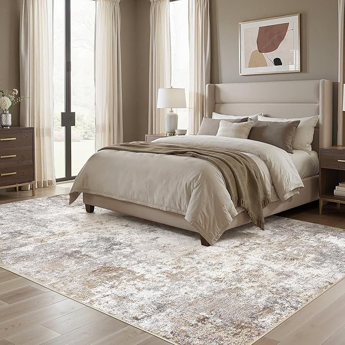UERMEI 9x12 Area Rug Living Room Rugs - Washable Neutral Modern Abstract Soft Thin Large Rug Indoor Floor No Slip Rug Carpet for Bedroom Under Dining Table Home Office Decor - Brown Grey