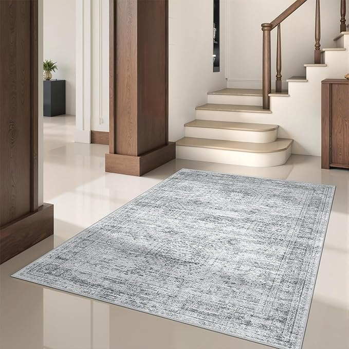 3x5 Washable Area Rug for Entryway, Soft Kitchen Rugs Non Slip for Dining Room, Vintage Abstract Living Room Rug, Thin Area Rugs Indoor for Bedroom, Kids Room Decor(3'x5', Grey/Ivory)
