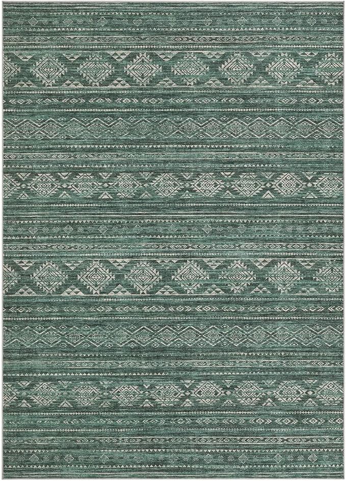 Nakagishi 6x9 Area Rugs Living Room: Washable Boho Large Neutral Soft Farmhouse Rug Stain Resistant Modern Indoor Floor Non-Slip Carpet for Bedroom Nursery Kids Playroom Office Dining Room Dorm- Green