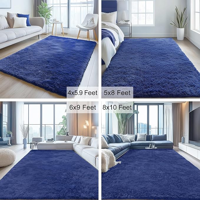 OLANLY 3x3 Machine Washable Small Bedside Rug, Soft Fluffy Shaggy Entryway Throw Rugs for Bedroom, Living Room, Indoor Floor Carpet for Kids Girls and Boys, Nursery Rooms, Home Decor, Navy Blue
