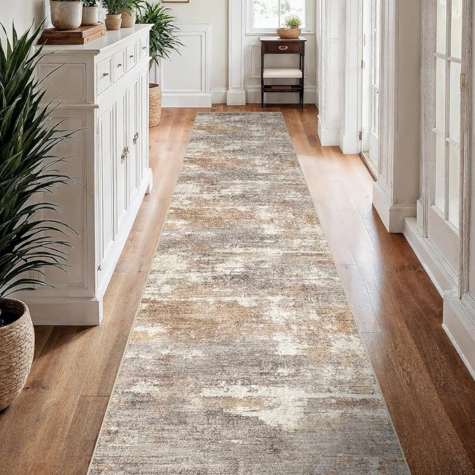 3x15 Washable Kitchen Runner Rug: Modern Abstract Runners for Hallway Soft Non Slip Rugs with Rubber Backing Low Pile Thin Waterproof Floor Carpet for Entryway Bedroom Bathroom Indoor 3x15 Brown/Brick