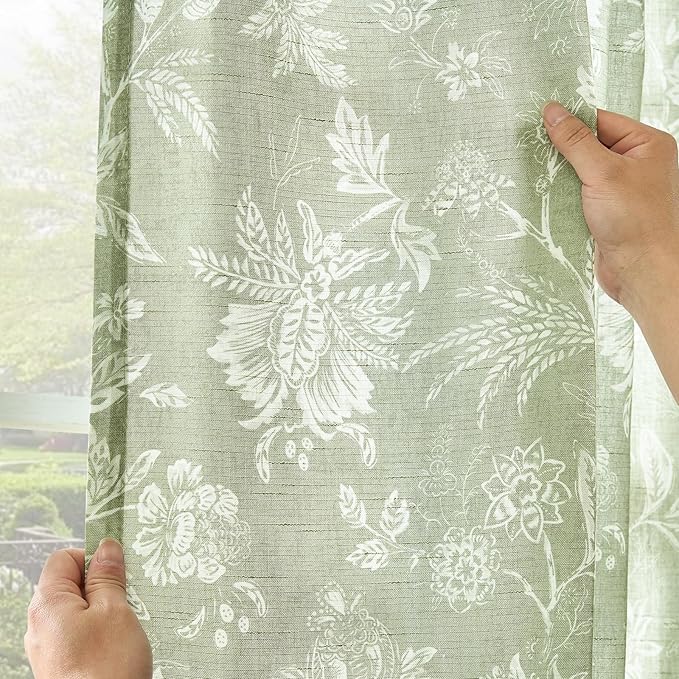 jinchan Linen Floral Curtains for Living Room with Printed Flower 84 Inches Long Light Filtering French Country Back Tab Rod Pocket Sage Green Window Curtain Set Farmhouse Drapes 2 Panels