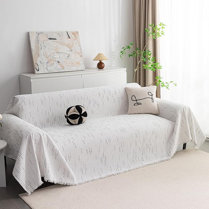 MYSKY HOME Couch Covers for 3 Cushion Couch Sofa, Sectional Couch Cover L Shape Chenille Couch Cushion Covers for Pets, Furniture Protector Cover for Dogs, Kids, 91"X150", White