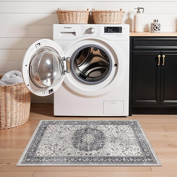 Washable 2x3 Entryway Area Rug: Vintage Soft Thin Door Mat with Non Slip Backing Water Resistant Carpet for Bedroom Low Pile Floor Mat for Kitchen Bathroom Laundry Easy Clean Rug for Family(2x3,Grey)
