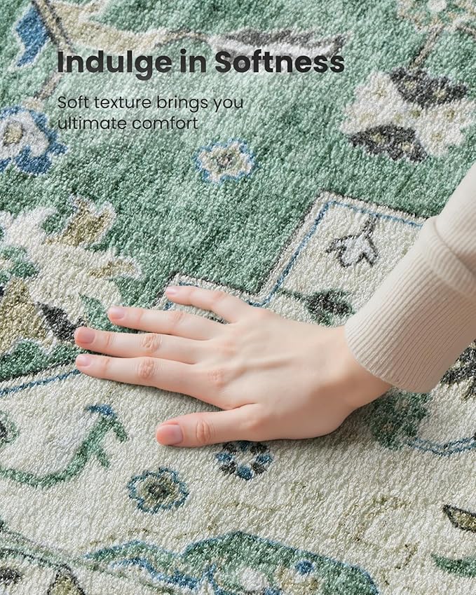 AMADA HOMEFURNISHING Round 6ft Area Rugs, Blue Low-Profile Washable Rug with Non-Slip Backing & Durable Edge Binding, Vintage Rugs for Living Room, Bedroom, Dinning Room