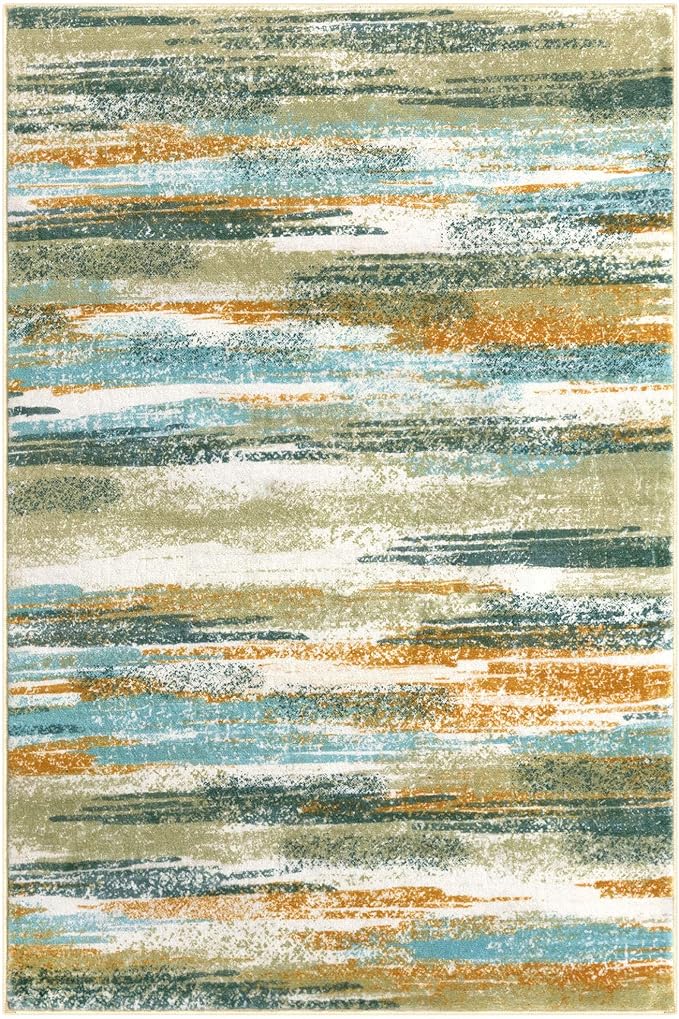 Lansny Modern Abstract 5x7 Machine Washable Area Rug Non-Slip Soft Bedroom Living Romm Rug Green Mustard Multi Ultra Thin Print Faux Wool Floor Carpet Throw Rug for Nursery Playroom Dining Room Office