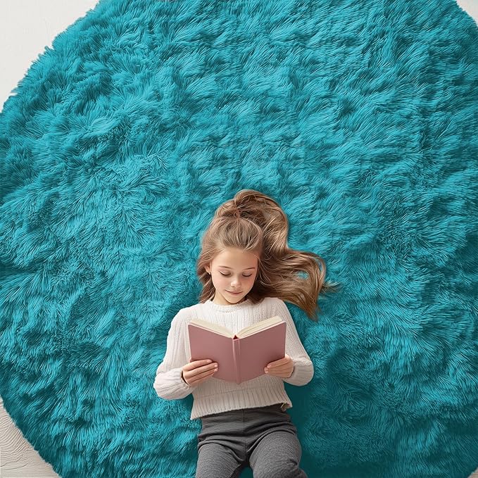 OLANLY Teal Round Rugs for Bedroom - Machine Washable, 7 ft Circle Area Rugs for Living Room, Soft and Fluffy Shaggy Carpet for Teen Girl and Boys, Nursery Rooms, Dorms, Home Decor Aesthetic