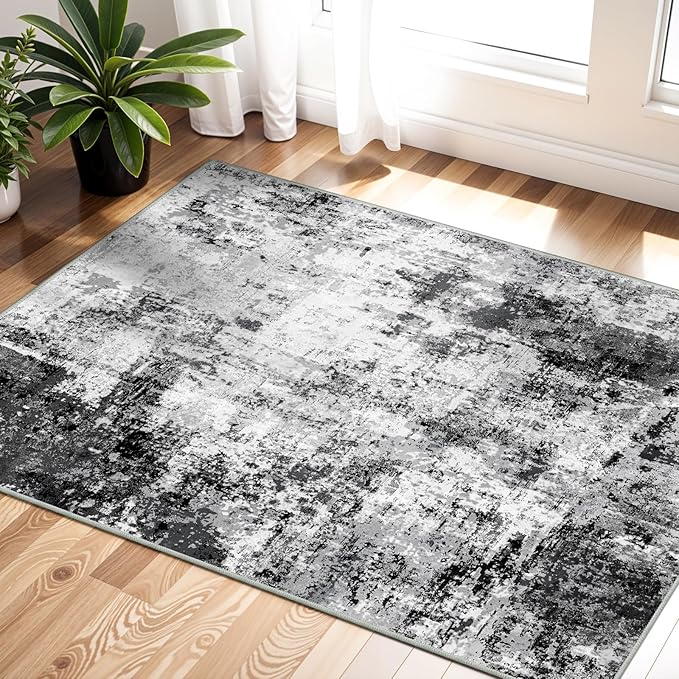 2x3 Small Washable Area Rug: Non-Slip Indoor Door Mat for Entrance Doorway Kitchen Bedroom Living Room - Abstract Farmhouse Throw Rug for Modern Home Decor Black Grey
