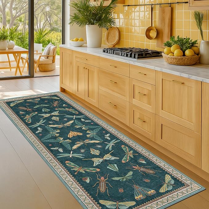 Hazo Haus Brown and Green Kitchen Sink Runner Rug 2x6 - Teal Boho Bathroom Rugs for Entrance Indoor, Insect Print Floral Vintage, Washable Non Skid Stain Resistant