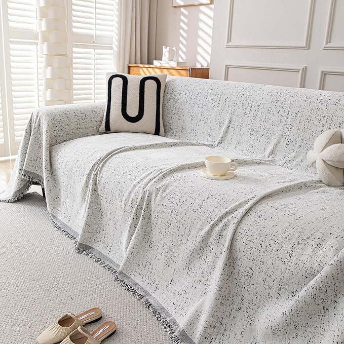 Couch Cover for Dogs, Boho Sofa Covers for 3 Cushion Couch, Chenille Slipcover for Pets Washable, L-Shape Sectional Couch Loveseat Cover Soft Throw Blankets with Tassels(91x134,Speckled Grey)