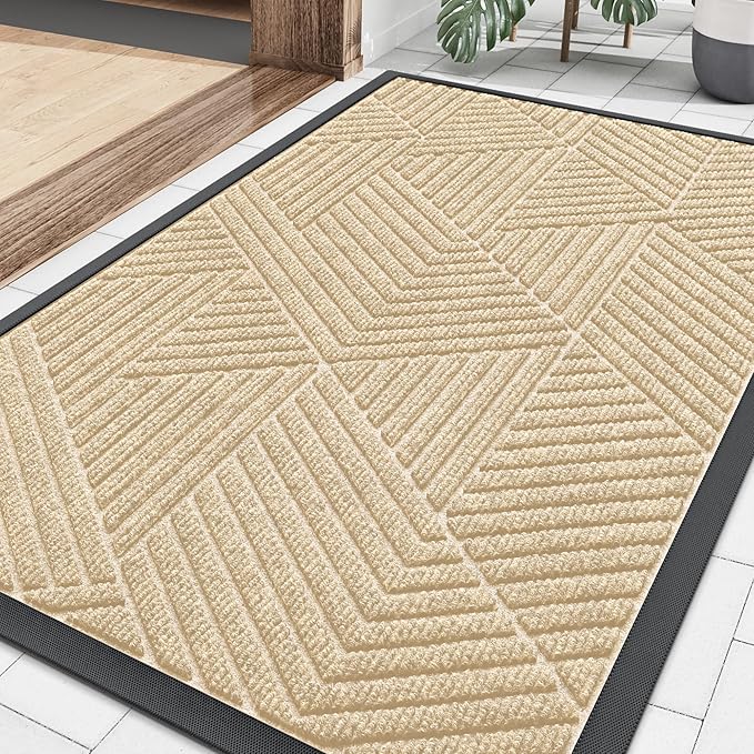 Smiry Front Door Mat Outside Entrance, Heavy Duty Sturdy Natural Rubber Doormat, Trap Dirt and Moisture, Easy Clean Low Profile Mats for Indoor Outdoor Entry, Irregular Triangle (29.5x17, Beige)