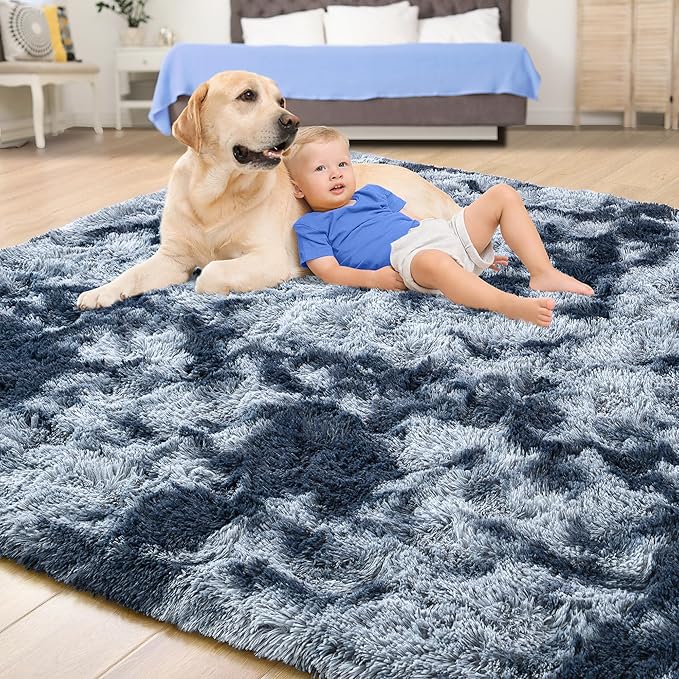 Tepook Soft Fluffy Rugs for Bedroom, 4x6 Area Rug for Living Room, Modern Shaggy Room Rug for Kids Boys Girls, Plush Throw Rugs Indoor Nursery Home Decor Rug with Non-Slip Bottom, Tie-dye Dark Blue
