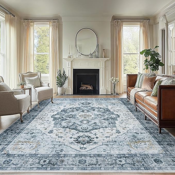 AMADA HOMEFURNISHING 8x10 Area Rug, Washable Low-Profile Large Area Rug with Non-Slip Backing & Durable Edge Binding, Vintage Large Rugs for Living Room, Bedroom