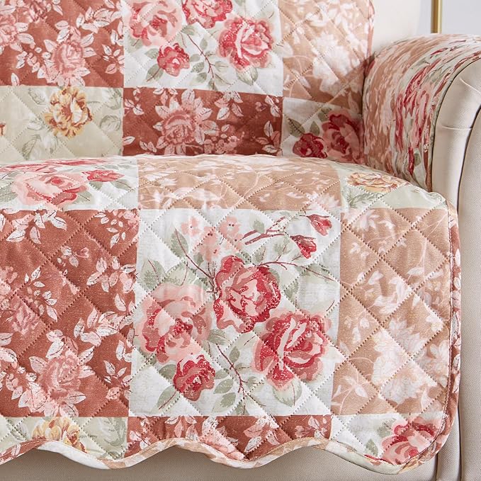 Great Bay Home Reversible Floral Patchwork Loveseat Furniture Protector - Machine Washable, Scalloped Edge, Stain Resistant, Printed Furniture Cover for Dogs, Kids, and Pets (Burgundy/Taupe)