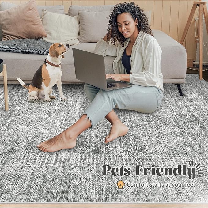 Living Room Rugs 8x10: Washable Moroccan Geometric Boho Rug Farmhouse Non Slip Stain Resistant Large Rug Low Pile Soft Carpet for Bedroom Dining Room Children Room (Grey,8'x10')