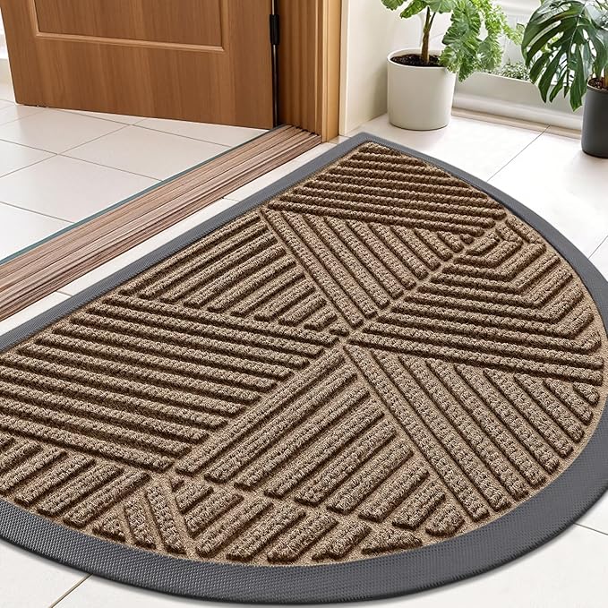 Smiry Half Circle Front Door Mat Outside Entrance, Heavy Duty Sturdy Natural Rubber Doormat, Trap Dirt and Moisture, Low Profile Mats for Indoor Outdoor Entry, Irregular Triangle (35x23, Brown)