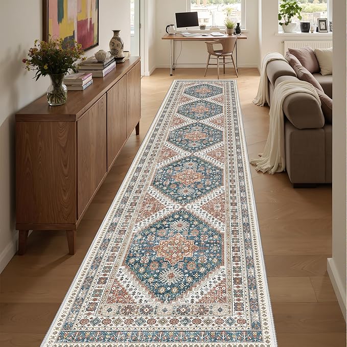 Washable Runner Rug 2.5x16, Non-Slip Long Kitchen Mats for Floor, Vintage Rug for Entryway, Soft Hallway Runner for Dining Room, Bedroom, Living Room(Blue/Red,2.5'x16')
