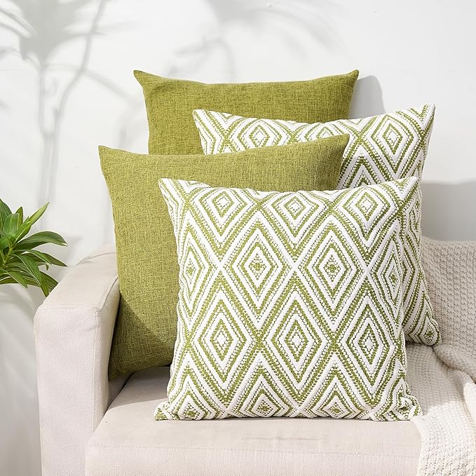 HPUK Decorative Throw Pillow Covers Set of 4 Geometric Design Linen Cushion Cover for Couch Sofa Living Room, 20"x20" inches, Green