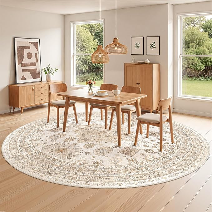 zesthome 8ft Round Rugs for Living Room, Non-Slip Washable Round Area Rugs, Ultra-Thin Large Circle Rugs, Soft Low Pile Rug for Bedroom, Kitchen - Vintage Stain Resistant Round Rug (Cream/Beige,8'x8')