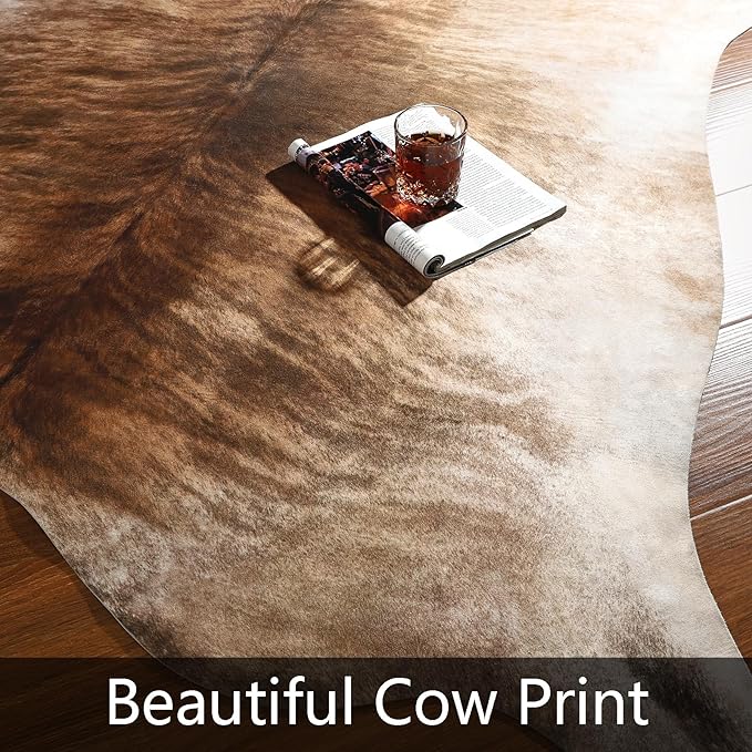 AROGAN Western Decor Faux Fur Cowhide Rug, 6.2 x 5.2 Feet Premium Animal Skin Cow Hide Rug, Durable Cow Print Rugs for Wall Decor, Western Floor Carpet for Bedroom Living Room, Brownish
