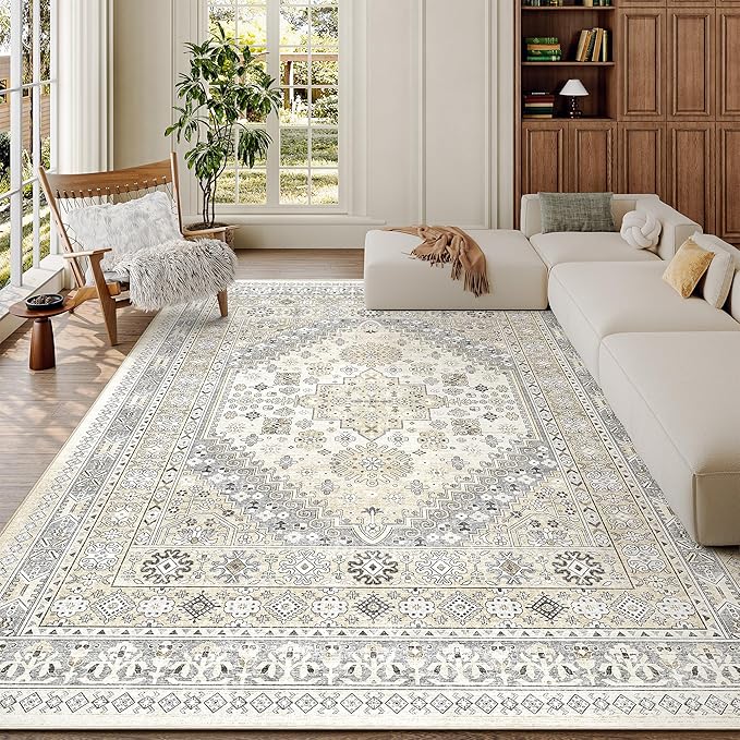 zesthome 5x8 Area Rugs - Ultra-Thin Washble Rug, Stain Resistant Anti Slip Backing Rugs for Living Room,Bedroom, Vintage Home Decor Area Rug (Beige,5'x8')