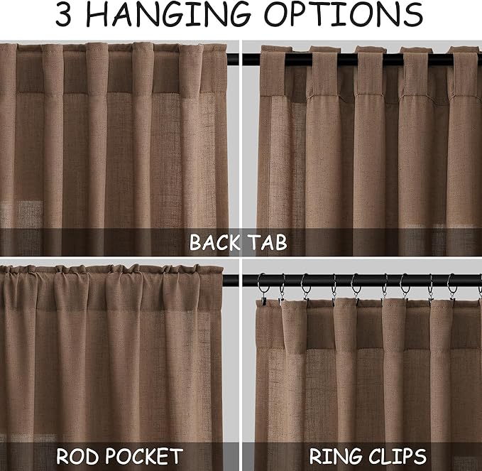Nanspring Extra Long Caramel Brown Linen Curtains 2 Panels 102 Inches Long for Dinning Room Back Tab Light Filtering Semi Sheer Drapes Cotton Linen Textured Window Curtain 102 Inch Length for Bedroom