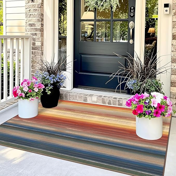 3x5 Ombre Entry Rug - Small Washable Indoor Outdoor Mats for Front Door Non-Slip Porch Rug Rust Blue Modern Rainbow Throw Rugs for Living Room Bedroom Entryway Kitchen Office Porch Decor