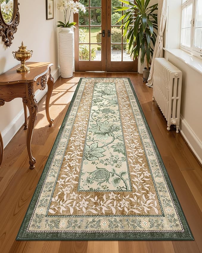 GarveeHome Terracotta Olive Sage Green 2x6 Washable Kitchen Runner Rugs Non Slip Provence Botanical Grove Vintage Boho Cottage Long Rug for Hallways Bedroom TPE Rubber Backing