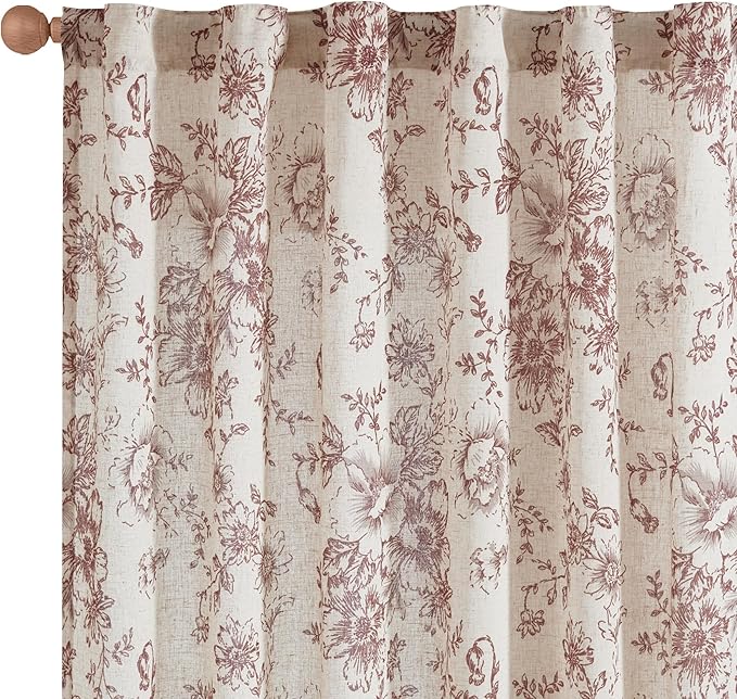 jinchan Linen Blend Curtain Floral Curtains for Living Room 63 Inch Length Farmhouse Brick Red Printed Curtain Rod Pocket Back Tab Peony Flower Patterned Drapes Curtains Set 2 Panels