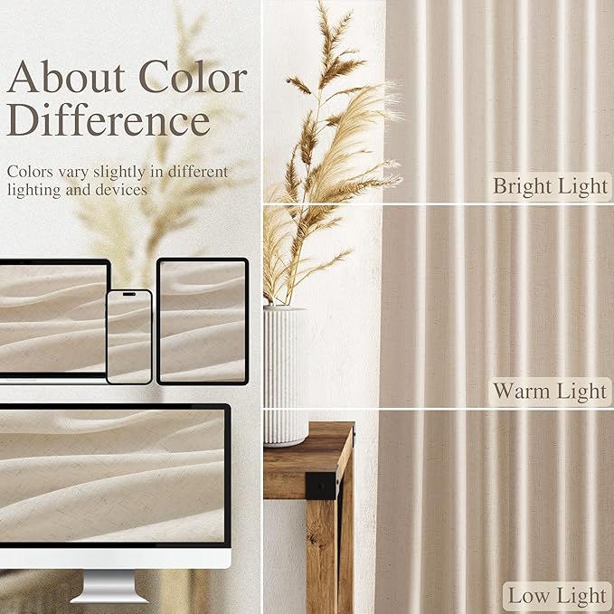 Cream Beige Linen 112 Inch Curtains for Living Room Light Filtering Semi Sheer Curtain Back Tab Modern Farmhouse Decor Elegant Coastal Drapes Floor to Ceiling High Window for Bedroom 52x112, 2 Panels