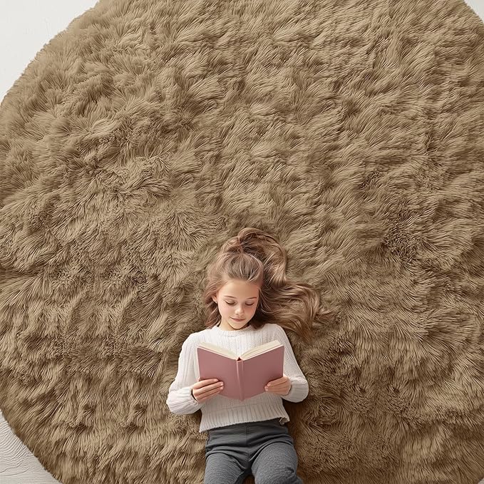 OLANLY Taupe Round Rugs for Bedroom - Machine Washable, 9 ft Circle Area Rugs for Living Room, Soft and Fluffy Shaggy Carpet for Teen Girl and Boys, Nursery Rooms, Dorms, Home Decor Aesthetic